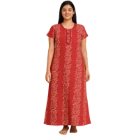 Red Floral Vine Printed Cotton Nighty