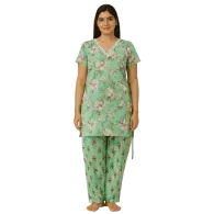 Mint Blossom Cotton Night Suit (Top & Bottom Set)