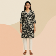Black Floral Kurta with White Pajama