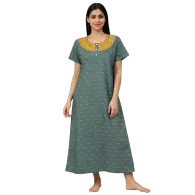 Teal Meadow Yoke Printed Cotton Nighty